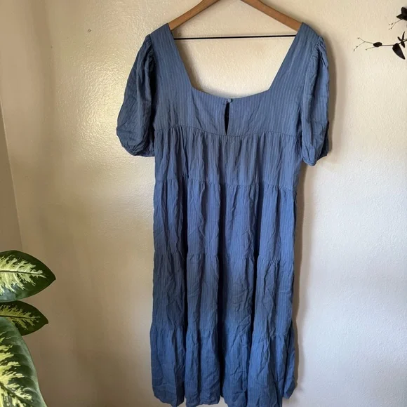 Lulus | Happy Tiers Denim Blue Striped Puff Sleeve Midi Dress - Picture 6 of 7